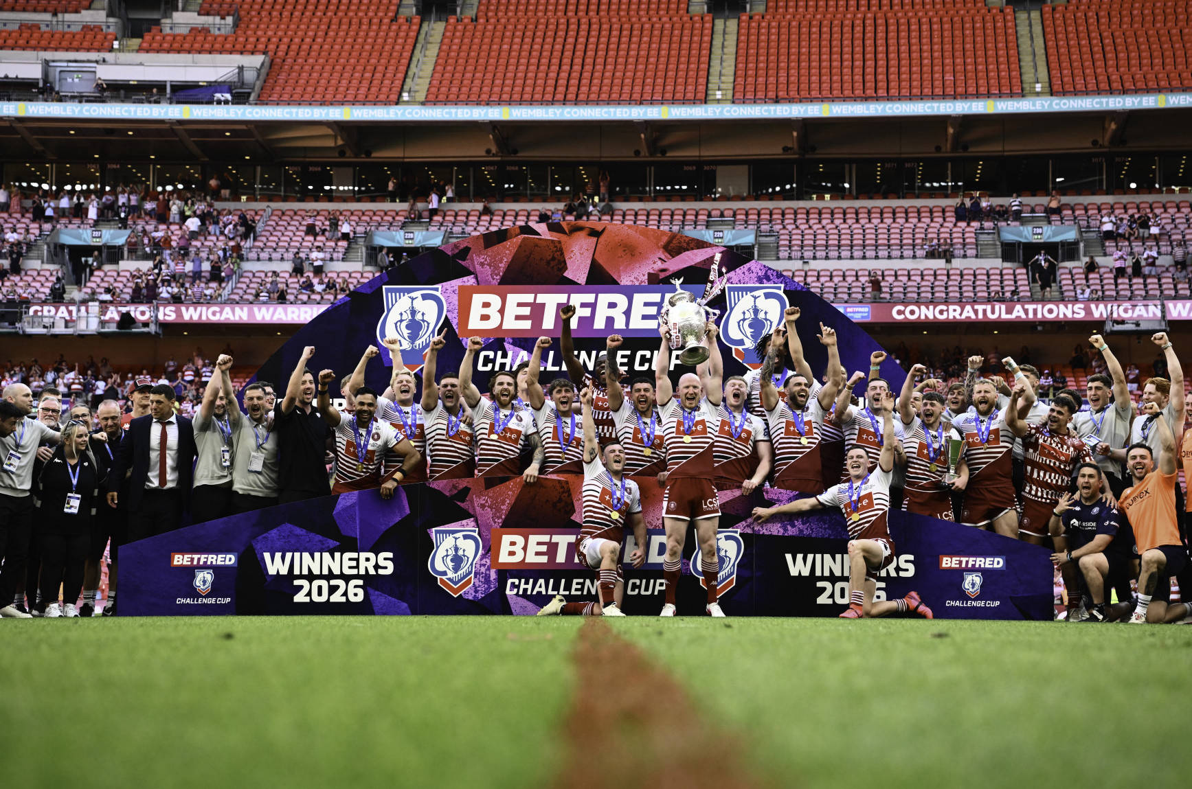 Wigan Warriors lift the 2026 Betfred Challenge Cup Final trophy